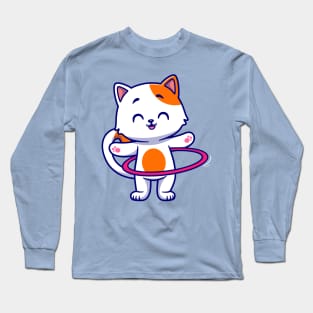 Cute Cat Playing Hula Hoop Cartoon Long Sleeve T-Shirt